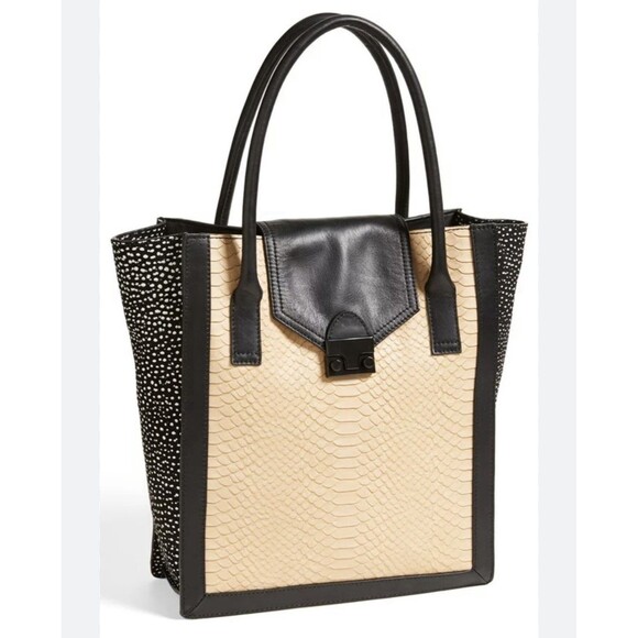 Loeffler Randall Jr Work Tote Embossed Python Nude Black Leather Handbag - Picture 1 of 11